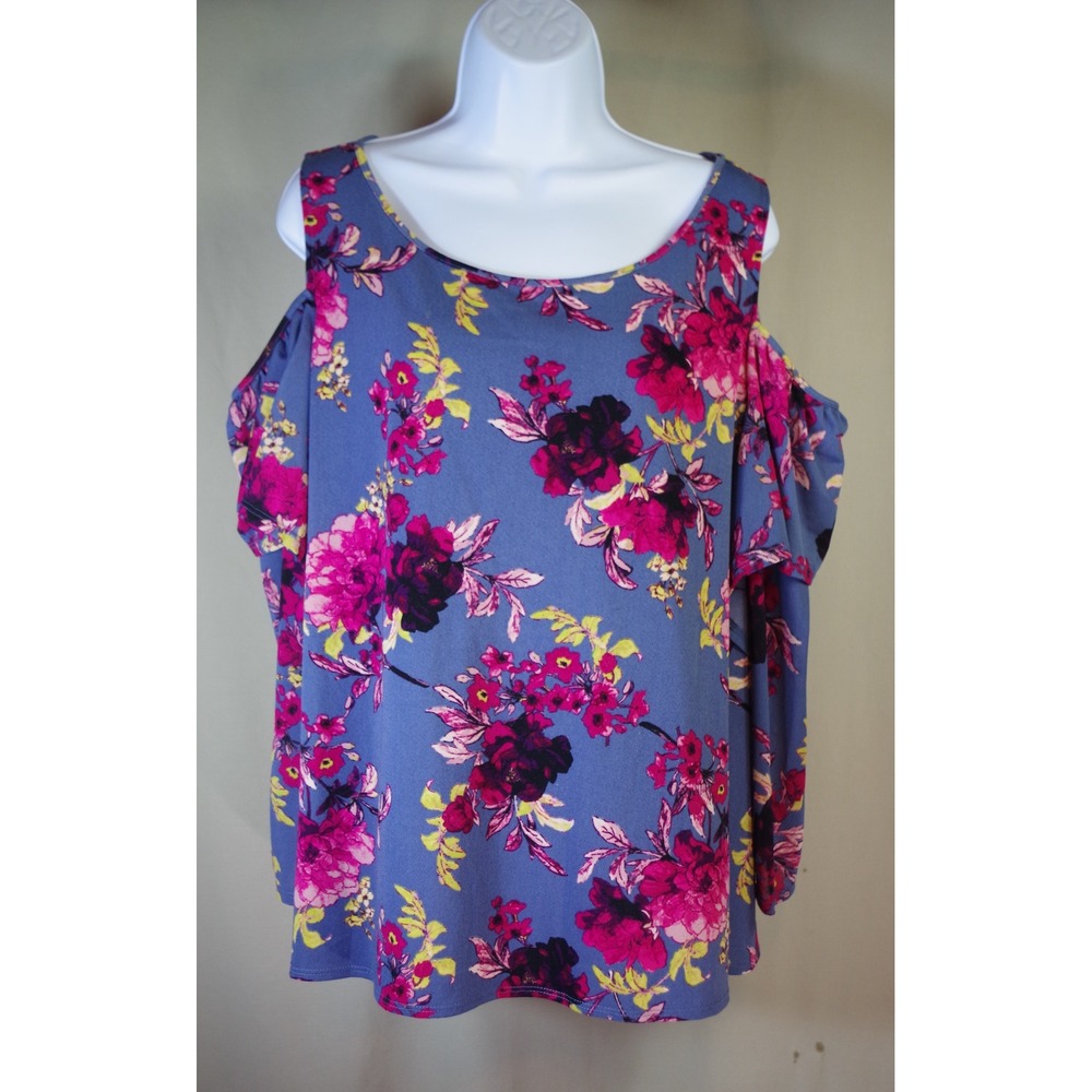 C. Est. 1946‎ Women XL Blue Pink Floral Cold Shoulder Flutter Sleeve Blouse Top